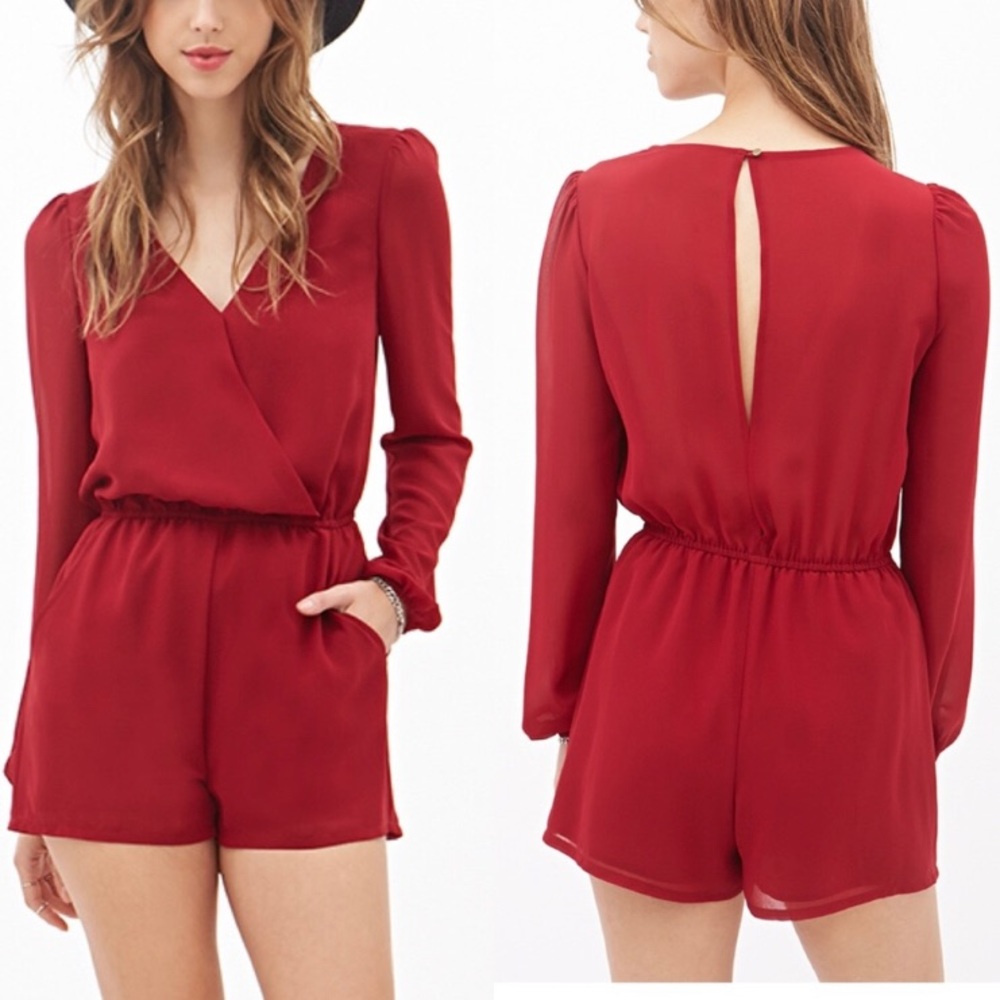Forever 21 Long Sleeve Romper Short in Deep Red GREAT CONDITION
